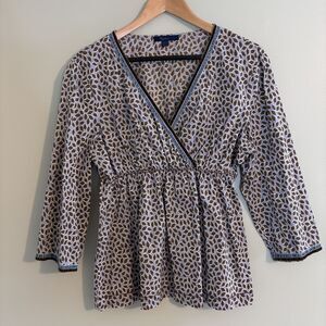 Boden Women’s V-Neck Top Leaf Print Velvet Trim Sz 14 Boho Goblin Nature Nomadic